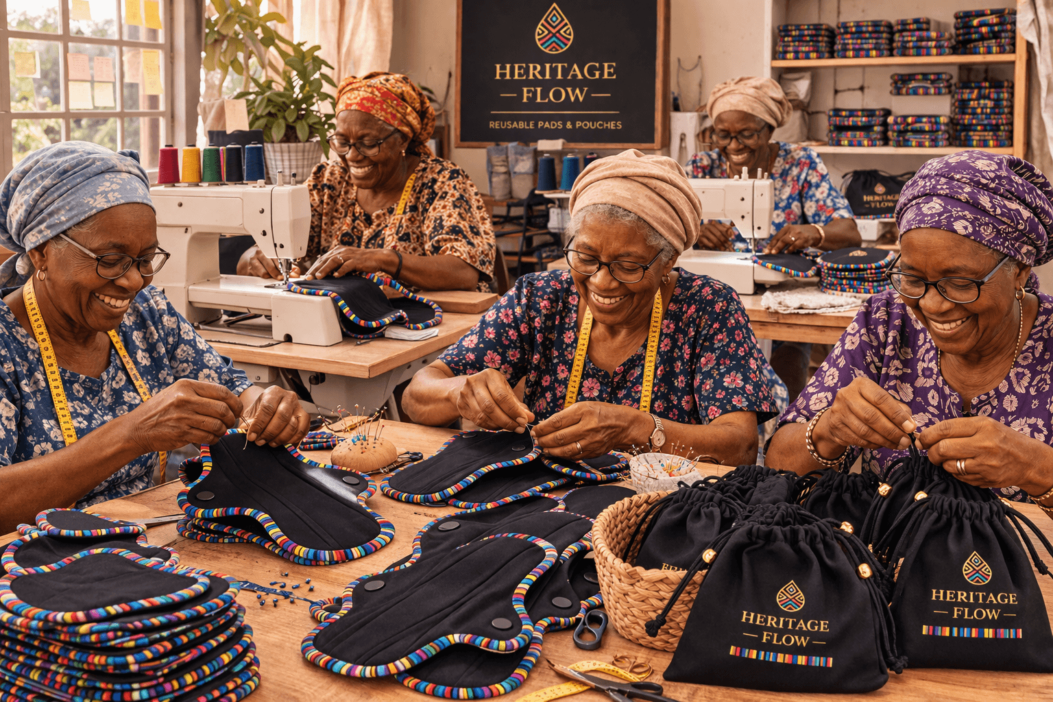 Heritage Flow women sewing pads in community workshop